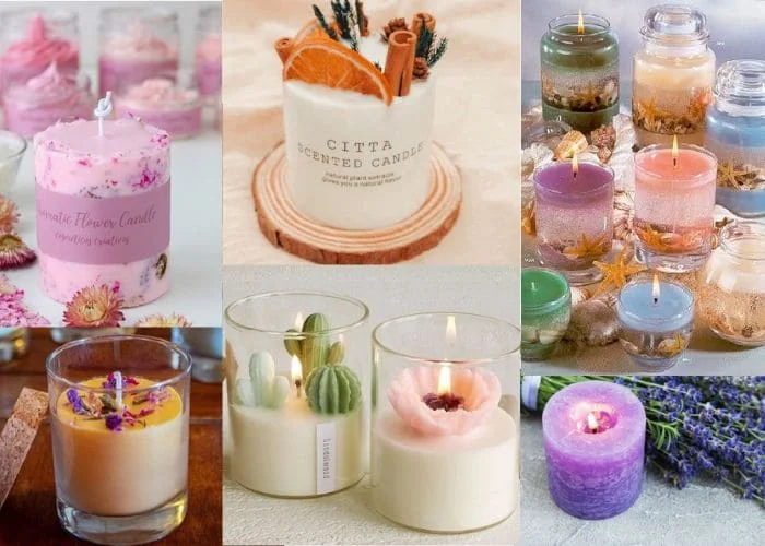 Collage de velas decorativas como inspiración para emprender con velas artesanales